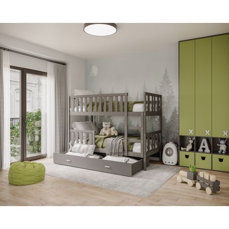 Lit superposé enfant NEMO 90X190 cm - 2 Sommiers et Tiroir inclus Gris (1/3)