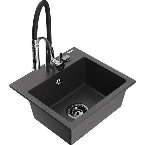 Mexen Milo lavello da cucina in granito 1 vasca con miscelatore cucina Aster, nero macchiato - 6505-76-73450-07-B (1/5)