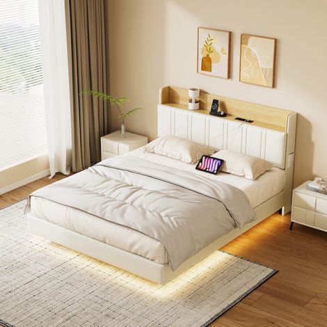 Letto matrimoniale sospeso 140 x 200 cm con contenitore, LED, porte USB e Type-C, struttura imbottita in PU, bianco