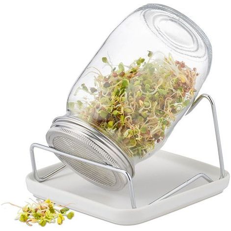 Bocal de germination Relaxdays, avec support et couvercle en céramique, pour germes, 850 ml, en verre transnt (1/5)