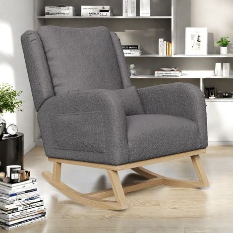 Sillón mecedora, Silla mecedora de salón, Silla mecedora con reposabrazos, Estilo moderno, Tela, Patas de madera maciza, Gris