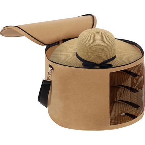 Caja grande para sombreros, de 45 x 30 cm, plegable, redonda, de fieltro, con tapa, asa y correa para el hombro, de color caqui. (1/5)