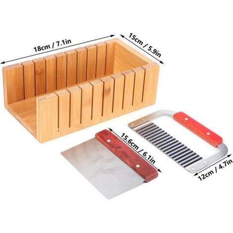 Coupe-savon bricolage Kit d'Outils de Coupe de Savon Moule Coupe-pain en Bois avec Couteau Droit Ondulé Acier Inoxydable (1/4)