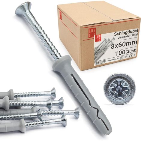 Chevilles à frapper 8x60mm - Lot de 100 - PP et Acier Galvanisé - Fixation Rapide Béton et Placo - Rénovation Intérieure - Ø8mm Longueur 60mm (1/5)