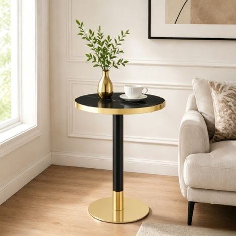 Table d'appoint ronde moderne, plateau effet marbre avec bordure dorée, structure robuste en métal noir et doré, idéale comme table basse, table de chevet ou table de balcon. (1/5)