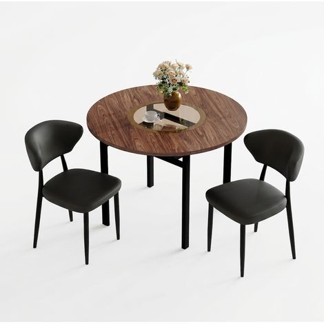 Ensemble table ronde 60 cm et 2 chaises noires, plateau MDF 2 cm, motif losange, pied central et structure métal pour salle à manger (1/5)