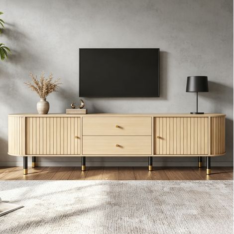 Meuble TV avec 2 Portes Coulissantes et 2 Tiroirs, Passe-câbles, pour Salon, MDF et Métal, Naturel, 180×40×58 cm (1/5)
