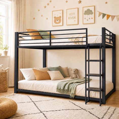 Lit Superposé 140x200 cm en Métal, Lit Mezzanine Enfant avec Escalier Bois et Barrière, Lit Enfant pour Chambre - Noir (Sans Matelas) (1/5)