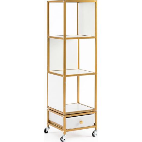 COSTWAY Libreria Girevole a 4 Ripiani,Cassetto in Tessuto Rimovibile e Ruote,30x30x111 cm，Bianco