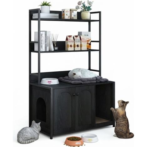 ELVMI Mueble para Arenero de Gato con 2 Puertas Magneticas y 3 Niveles de Almacenamiento, para Salon, MDF y Metal, Negro (1/5)