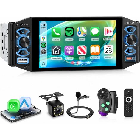 sans Fil Carplay Autoradio 1 Din avec sans Fil Android Auto Bluetooth FM/AM/RDS, 5 Pouces Écran Tactile Autoradio avec iOS/Android Mirror Link USB/Type C/EQ Commande au Volant Caméra de Recul (1/5)
