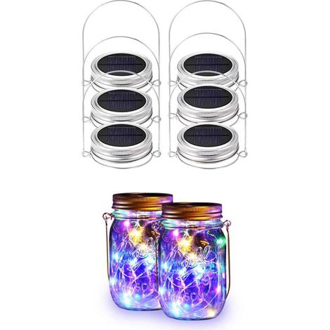 Lot de 6 guirlandes lumineuses solaires LED 20 lampes avec couvercles en verre et 6 crochets pour décoration extérieure, sans bocaux