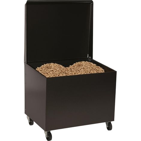 Baule portalegna e pellet da camino rettangolare in acciaio verniciato nero - misura 50×40×55 cm - Carrello con coperchio e ruote girevoli
