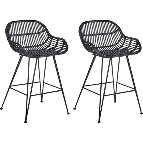 Set Boho da 2 sedie da bar in rattan per sala da pranzo e cucina, con gambe in ferro nero Terrell