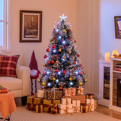 Costway – Sapin de Noël artificiel floqué 150 cm – 170 pointes de branches – 49 lumières LED – 8 modes d'éclairage – 18 grappes de baies rouges (1/5)