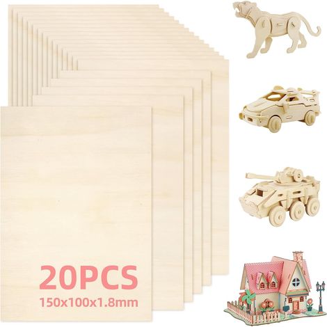 Lot de 20 Planche Bois, Plaques de Bois 150 x 100 x 1.8 mm, Contreplaqué, Convient aux Travaux Manuels, aux Projets de Découpe Laser, à la Fabrication de Maquettes et aux Créations Artistiqu (1/5)