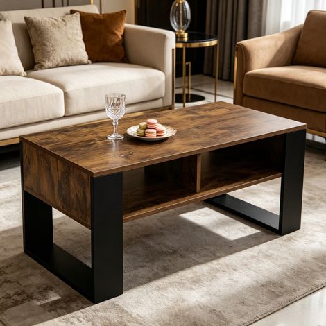 Mesa de centro de madera negra y marrón rústico 90 cm con 2 huecos abiertos (1/5)