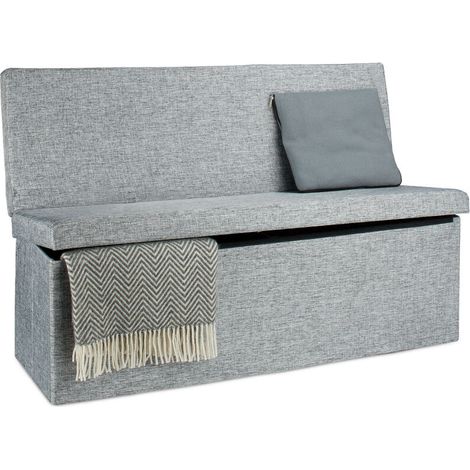 Tabouret de rangement pliant en lin avec dossier – Dimensions H 73 x L 114 x P 38 cm – Capacité 140 L – Charge max 300 kg – Gris