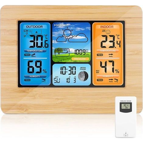 Drahtlose Wetterstation mit digitaler Farbanzeige, Wettervorhersage, Warnmeldungen, Temperatur-/Luftfeuchtigkeits-/Barometer-/Wecker-/Monduhr-/Wetteranzeige mit Außensensor