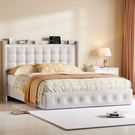 Cama flotante LED 140x200 cm - Estructura de cama 140x200 cm - Cama tapizada con almacenamiento - Carga 350kg - Somier de lamas - Blanco (1/5)