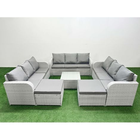 Fimous PE Rattan Lounge Sofa Set 11 Seater Outdoor Garden Furniture Set with Square Coffee Table 3 Seater Sofa 2 Big Footstools Light Grey (1/4)