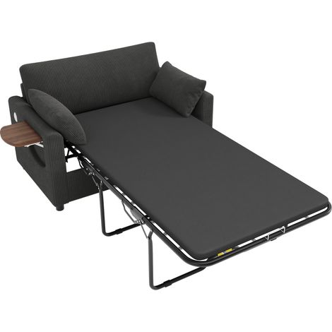 CAIziCanapé-lit 2 places extensible avec fonction couchage, port de charge USB, table d’appoint pliante, matelas, deux draps et deux coussins, idéal pour le salon et les appartements, gris (1/5)