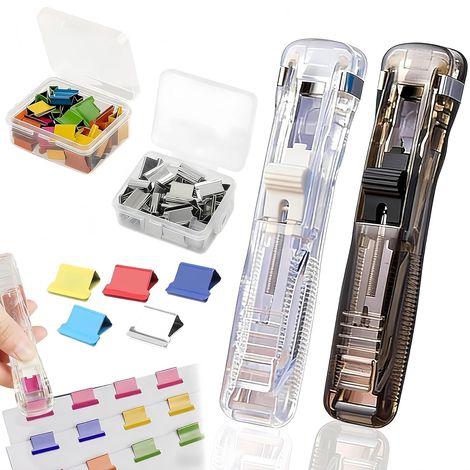 2er-Pack tragbarer Aktenhefter, inklusive 100 wiederverwendbarer Büroklammern, klammerfreier Hefter, Druckknopfhefter, ideal für Zuhause, Schule und Büro (transparent + schwarz) (1/5)