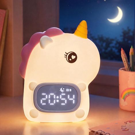 Lámpara de noche de unicornio con despertador, regalo de unicornio con lámpara de silicona recargable, linda lámpara de mesa con forma de animal, despertador con función de despertador (1/5)
