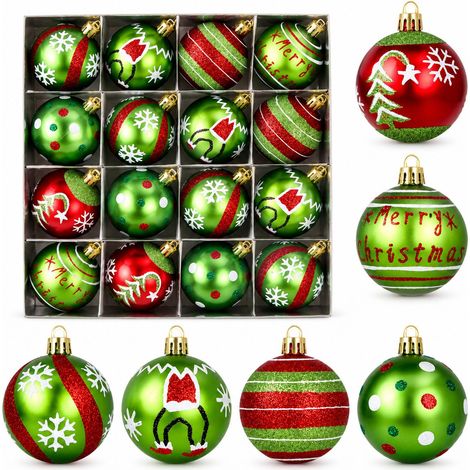 FLITI Set of 16 Green Grinch Christmas Baubles, 6cm, Hand-Painted, Electroplated, Christmas Tree Decoration (1/5)