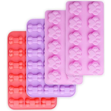 Moules en silicone antiadhésifs en forme de pattes et d'os de chiot, de qualité alimentaire, pour chocolat, bonbons, gelée, glaçons et friandises pour chien (lot de 4 pièces) (1/4)