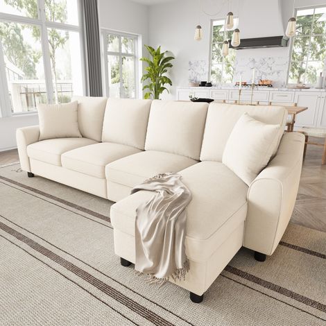 VVBV Canapé d’angle, 280 x 136 x 82 cm, en tissu, rangements intégrés, plateau rabattable, 3 places, méridienne, beige