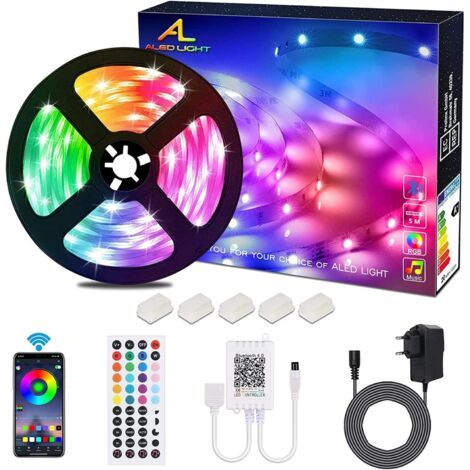 Ruban LED 5m Bluetooth 5050 Non impermeabile RGB SMD Bande LED Strip avec Télécommande infrarouge à 44 touches et Alimentation 12V Bande Lumineuse pour TV Maison Décoration Noël (1/5)