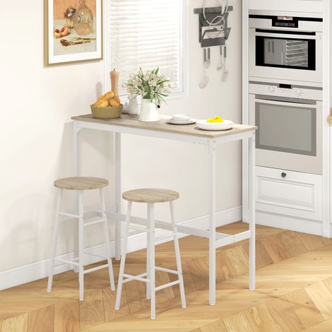 Ensemble table haute de bar + 2 tabourets structure en acier plateau aspect bois naturel 2 personnes blanc