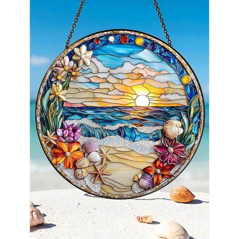 Attrape-soleil vitrail lever de soleil plage 9 cm, décoration fenêtre océan