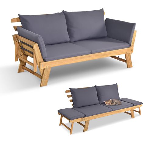 COSTWAY 2 en 1 Chaise Longue Convertible en Bois d'Acacia Certifié FSC avec Coussin, avec Accoudoir Réglable, Méridienne Extérieure, 198 x 75 x 75 cm, Gris (1/5)