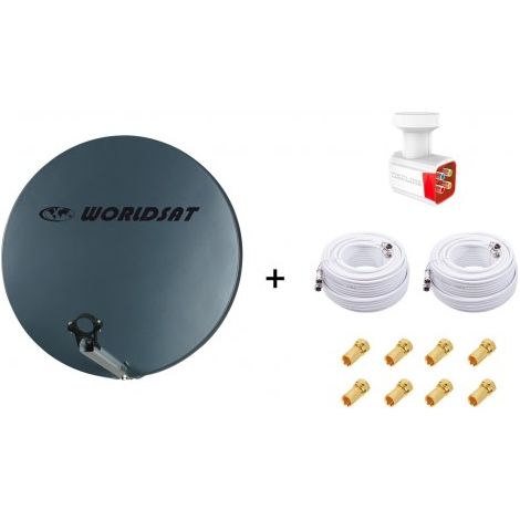 Antenne Parabole Fibre SMC 60cm Anthracite WORLDSAT + LNB Quad 0,1dB HD 4K + 2 Câbles Coax Twin 25m + 8 Fiches F - Visserie en Inox (1/5)