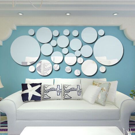 Mirror Wall Sticker 15cm 26 Circles, 3D Dot Matrix Round Living Room Bedroom TV Background Wall Decoration Mirror Sticker Silver (1/4)