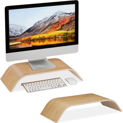 2 x Relaxdays Bamboo Display Stand, Curved Desk Display Riser, Ergonomic, HWD 10x52.5x24 cm, Natural