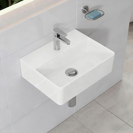 HOROW Small Bathroom Ceramic Wash Basin Sink, White 40x30x12cm|Slim Edge & Storage Ledge Design - Countertop or Wall Mounted Rectangular Basin for Small Space, Bathroom, Cloakroom,WC (1/5)