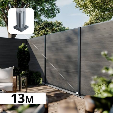 Kit Clôture Composite CRUZ Ardoise 13x1,8m - Bois composite & Aluminium - Poteaux sur Platines Gris - Brise vue - Palissade