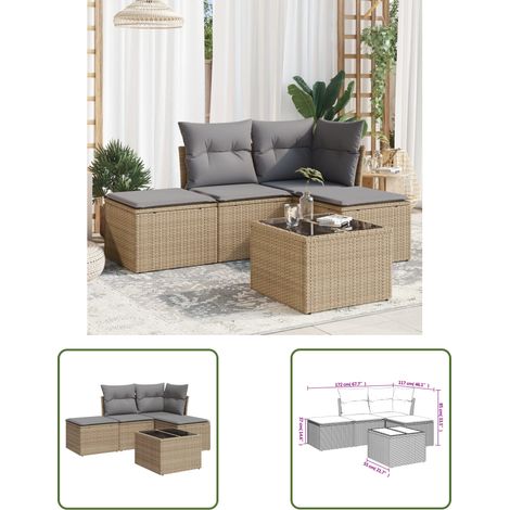 The Living Store Salon de jardin avec coussins 5 pcs beige résine tressée - Ensemble Salon De Jardin - Mobilier De Jardin - Canapé Jardin - Chaise Jardin - Table Basse Jardin (1/3)