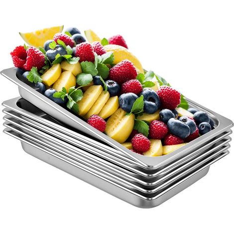 Aliments chauds et froids, bacs inox alimentaires lot de 6 pour cuisine de restaurant, rectangulaires polis 8,5 L (1/5)