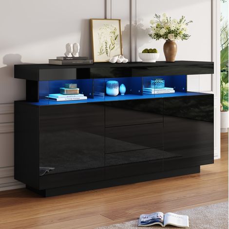 Aparador 140/35/80 cm negro brillo con LED, 3 cajones y puertas correderas (1/5)