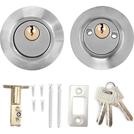 Verrou de sécurité à double cylindre en acier avec serrure des deux côtés pour portes en bois (argenté)