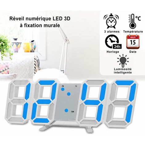 Horloge murale et à poser digitale 3D LED bleue avec télécommande bleu 350 g – Livraison gratuite