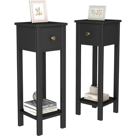 Slim Solid Wooden Bedside Table, Set of 2 Small Narrow Side End Tables, Modern Narrow Bedroom Nightstand with Open Shelf and Drawer for Bedroom, Living Room Amelia BLACK (1/5)