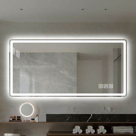 Miroir salle de bain LED, miroir mural sans cadre, miroir de maquillage, antibuée, dimmable, verre trempé, 60x100 cm, argent (1/5)