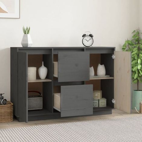 Buffet Bas de Cuisine en Bois Massif de Pin, 111x34x75 cm, Meuble de Rangement Gris avec Portes et Tiroirs pour Salle à Manger ou Salon (1/5)