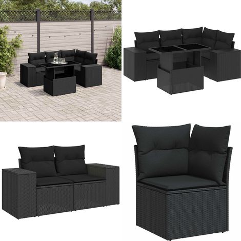 Salon de jardin 5 pcs avec coussins noir résine tressée - Ensemble Salon De Jardin - Meuble Extérieur - Jardin Design - Mobilier Résistant Aux Intempéries - Chaise Lounge - Home & Living (1/5)