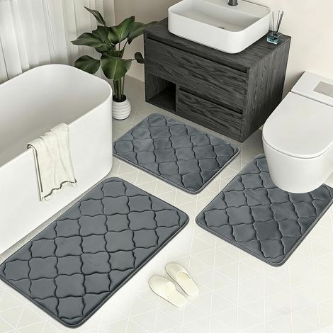 Lot de 3 Tapis de Bain en Mousse à mémoire de Forme Antidérapant Tapis Salle de Bain Super Absorbant et Lavable en Machine Absorbant Lot de 3 Tapis et WC (Gris foncé) (1/5)